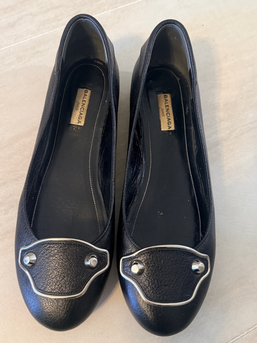Balenciaga Black Leather Ballet Flats with Silver Stud Detail size 40